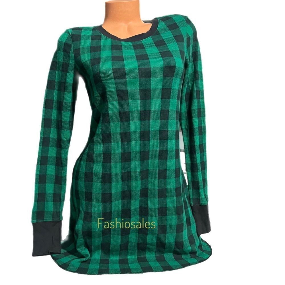 Victoria’s Secret Thermal Sleep Shirt Dress Green Buffalo Check Plaid